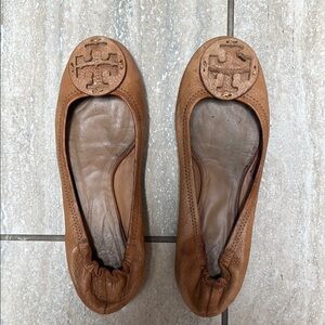 Tory Burch Tan Leather Flats with Signature Medallion